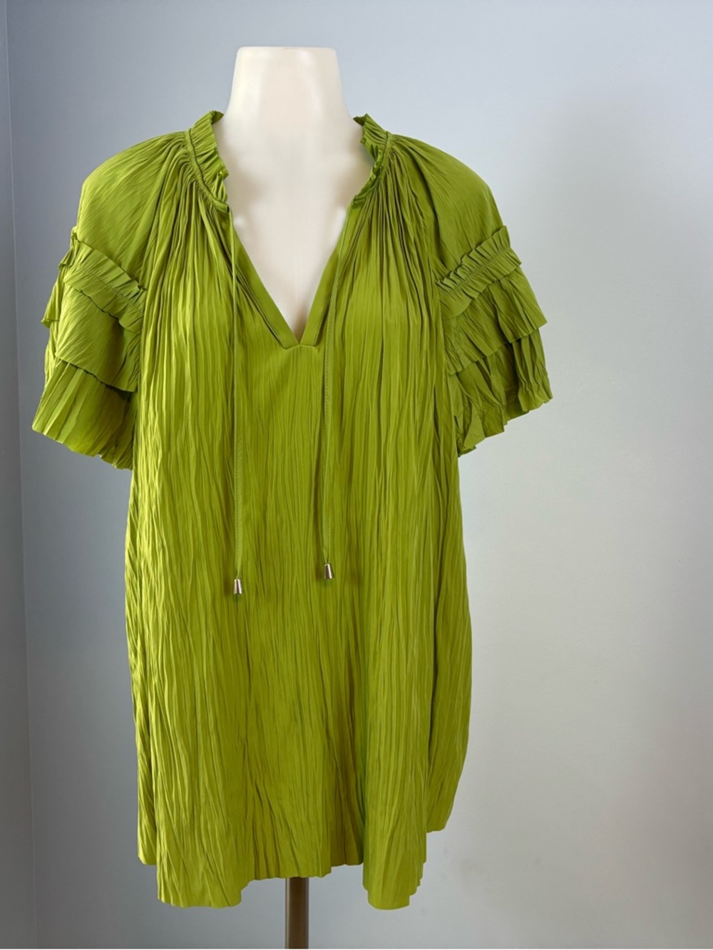 Chico's Chartreuse Pleated V-Neck Tunic with Tiered Sleeves